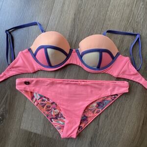 Anthropologie Maaji Bikini Swim Top Sz S Bottom Sz L Multi Funky Print Graphics